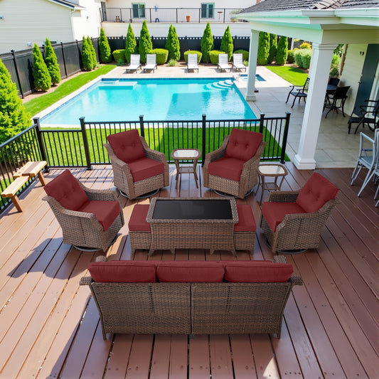 10-Piece Luxury Outdoor Conversation Set - 4 High Back Swivel Rocker Chairs + 3-Seater Sofa with Wicker Ottoman & Coffee Table, Ovolo Series