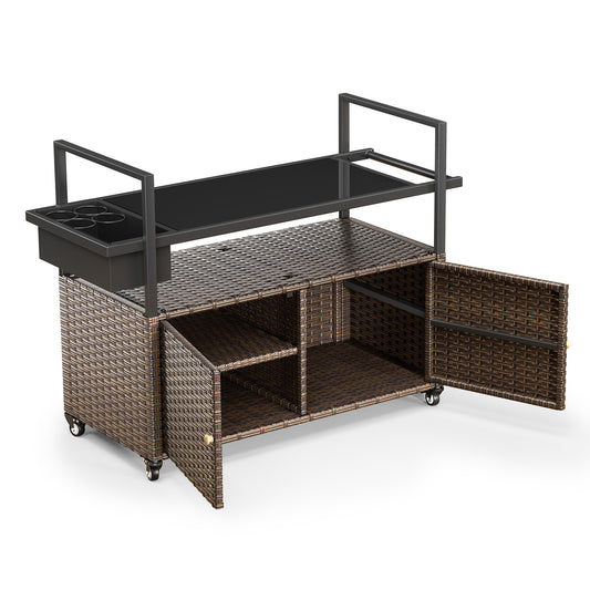 Outdoor Wicker Bar Cart Table with 4 Lockable Directional Wheels & Removable Ice Bucket