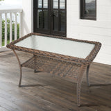 Belord 38-inch outdoor wicker coffee table with tempered glass top, lower shelf, all-weather PE rattan in a patio conversation set.