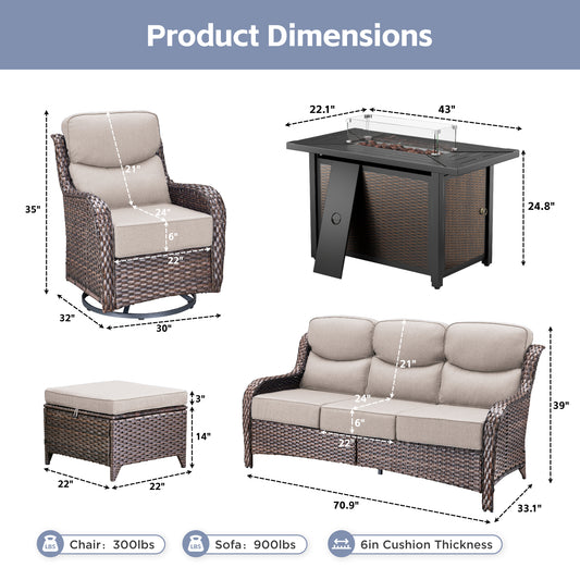 6PCS Outdoor Patio Fire Pit Set for Deck & Backyard, All-Weather Sofa, Swivel Chairs, Ottomans & Metal Fire Table, NT Series