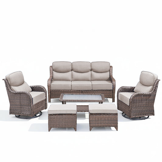 6PCS Luxury Patio Seating Set for Garden & Front Porch, Sofa, Swivel Chairs, Coffee Table & Ottomans, NT Series
