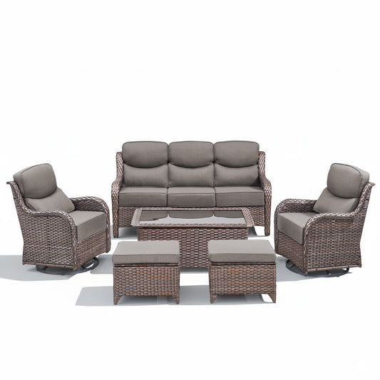 6PCS Premium Patio Seating Set for Garden & Front Porch, Sofa, Swivel Chairs, Coffee Table & Ottomans, NT Series