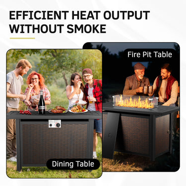 Belord 6-inch cushion patio fire pit set with high-back swivel chairs and rectangular fire table with wind guard, brown finish.