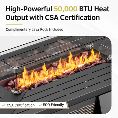 Belord 6-inch cushion patio fire pit set with high back swivel chairs and rectangular fire table with wind guard, brown finish.