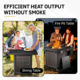 Brown Belord 6-inch cushion patio fire pit set with high-back swivel chairs and rectangular fire table with wind guard.