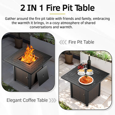 Brown Belord 6-inch cushion patio fire pit set with high-back swivel chairs and rectangular fire table with wind guard.