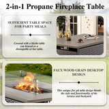 Brown wicker patio fire pit set with high back swivel chairs and rectangular fire table with wind guard, perfect for outdoor gatherings.