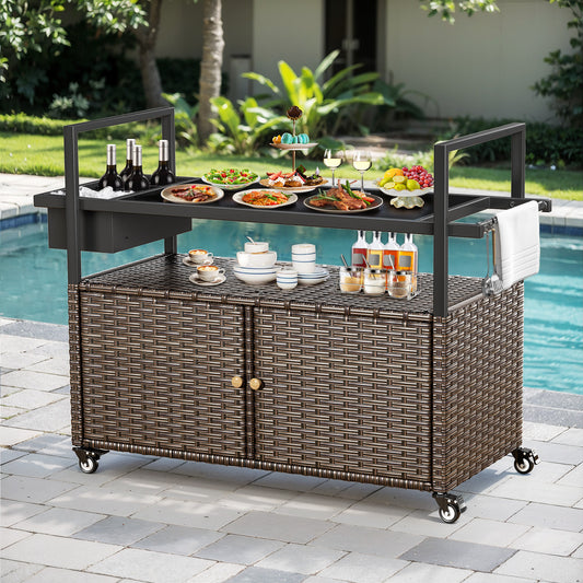 Outdoor Wicker Bar Cart Table with 4 Lockable Directional Wheels & Removable Ice Bucket