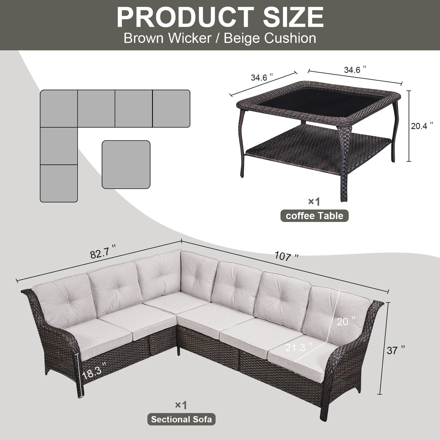 Save 40% - 7-Piece L-Shaped Patio Sectional Sofa Set + Wicker Coffee Table, NTC Series