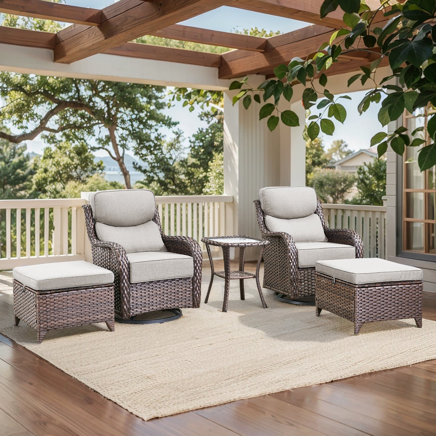 5-Piece Outdoor Wicker Conversation Set – 2 Swivel Glider Chairs with 6" Thick Cushions, 2 Ottomans & Side Table – High Back, NT Series