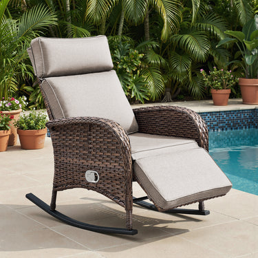 Outdoor Wicker Rocking Recliner Chair with Adjustable Backrest & Footrest, Cushioned PE Rattan Patio Lounge Chair, NDS Series - Belord