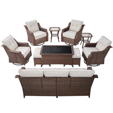 10-Piece Luxury Outdoor Conversation Set - 4 High Back Swivel Rocker Chairs + 3-Seater Sofa with Wicker Ottoman & Coffee Table, Ovolo Series - Belord