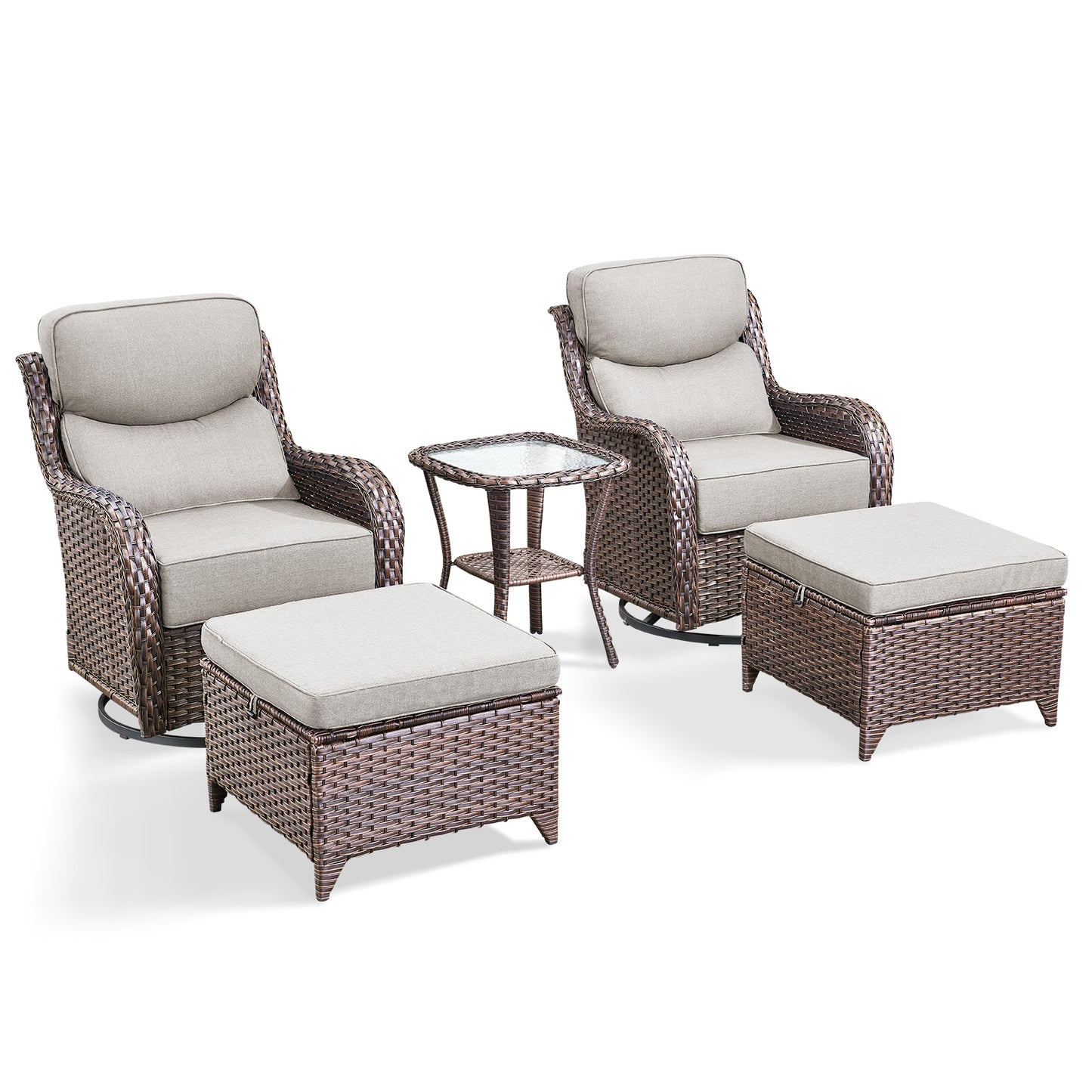 5-Piece Outdoor Wicker Conversation Set – 2 Swivel Glider Chairs with 6" Thick Cushions, 2 Ottomans & Side Table – High Back, NT Series