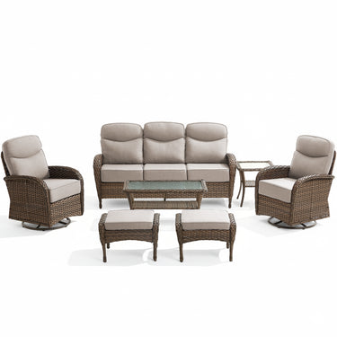 7-Piece Outdoor Seating Set – High-Back Sofa & Swivel Rockers with Ottomans for Stylish Summer Nights, ND Series - Belord