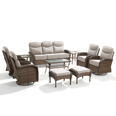 Luxury 10-Piece Patio Set – Sofa & Swivel Chairs with Ottomans, Hand-Woven All-Weather Wicker for Backyard Hosting, ND Series - Belord