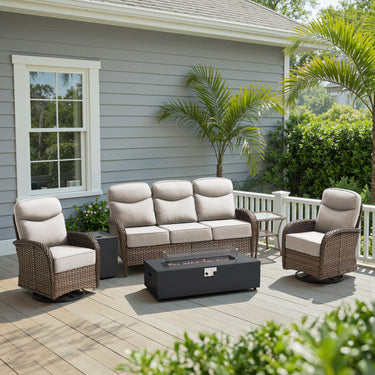 Upgraded 6" Cushion Luxury 5-Piece Patio Furniture Set with Split Fire Pit Table – High-Back Swivel Chairs for Cozy Summer Nights, ND Series - Belord