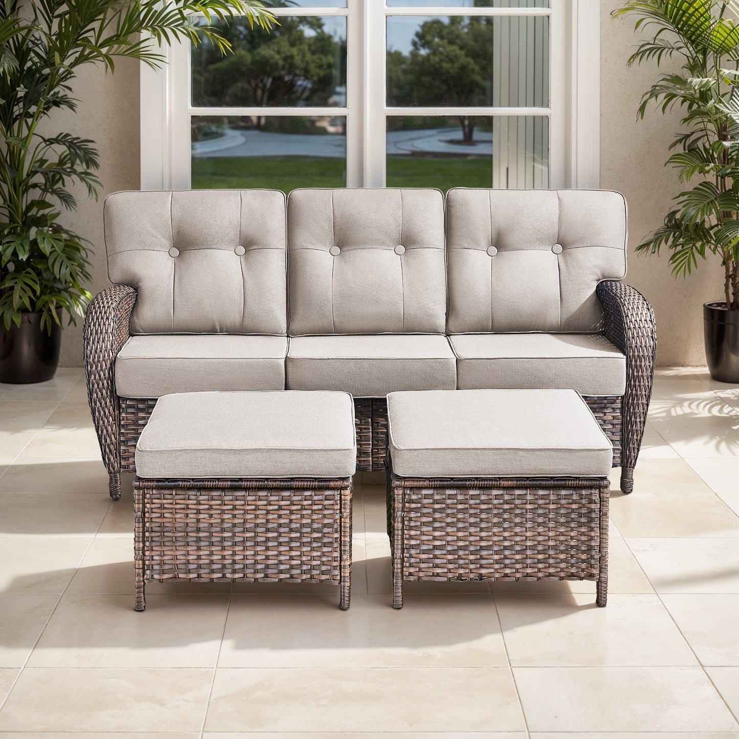 T Series 3-Piece Patio Set: 1 T-Back Sofa + 2 Ottomans – All-Weather PE Wicker with 5" Thick Cushions