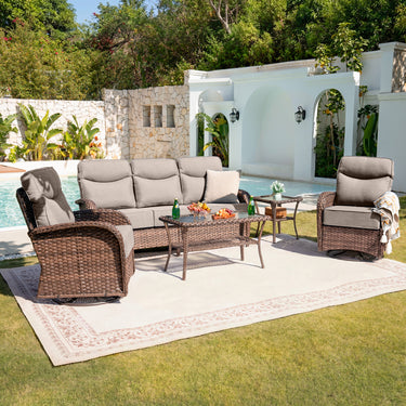 Elegant 5-Piece Outdoor Conversation Set – Sofa & Swivel Rockers with Coffee Table, All-Weather Wicker for Patio Parties, ND Series - Belord