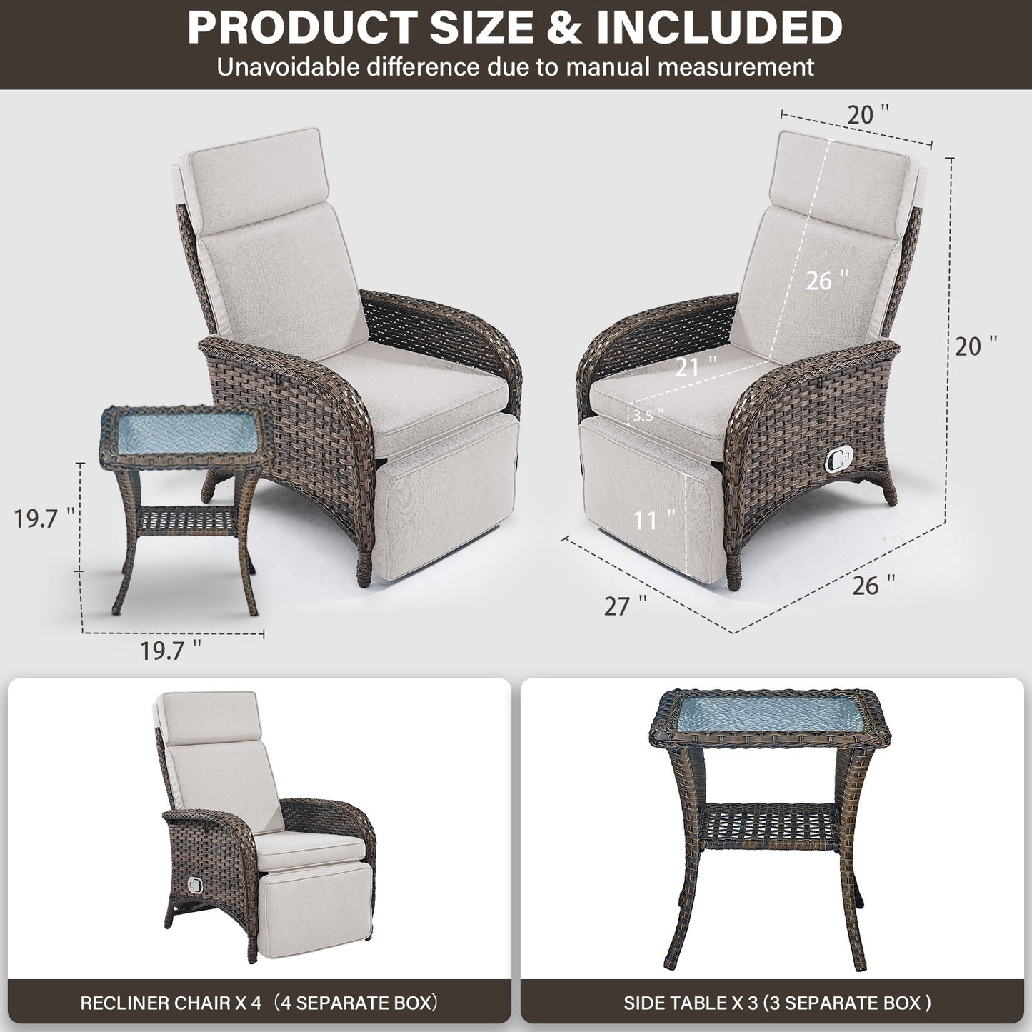 Premium 7-Piece Patio Conversation Set - 4 Adjustable Recliners & 3 Side Tables with 155° Lay Flat Chaise, NDS Series