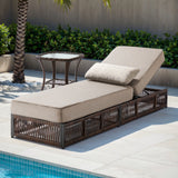 Belord patio lounge chaise with beige cushion, brown wicker frame, side table, part of Solo Relaxation Set, NTC Series.