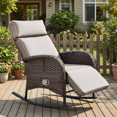 Outdoor Wicker Rocking Recliner Chair with Adjustable Backrest & Footrest, Cushioned PE Rattan Patio Lounge Chair, NDS Series - Belord