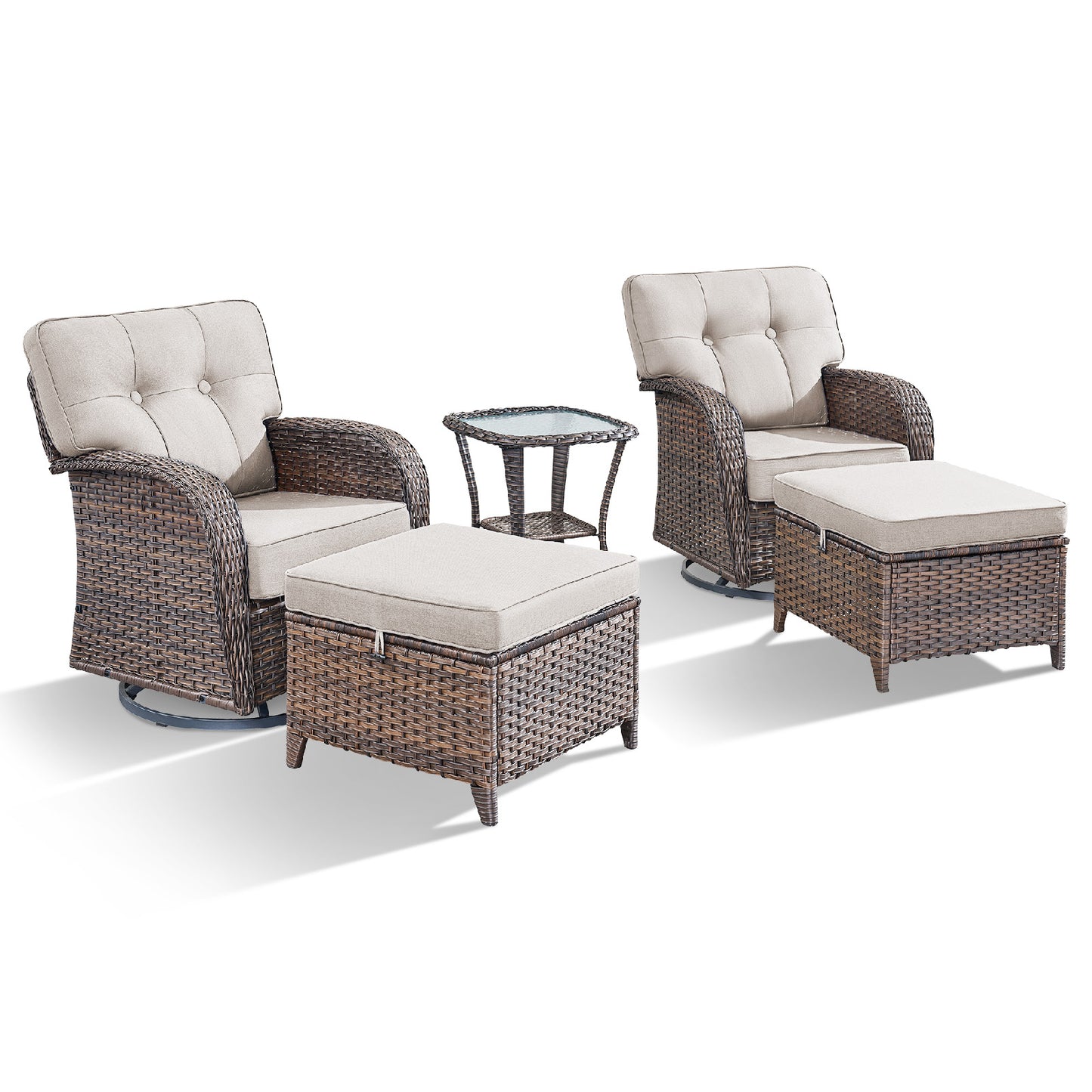 5-Piece Outdoor Patio Set: 2 Swivel Rocker Chairs + Side Table + 2 Ottomans – 5" Thick T-Back Cushions, All-Weather PE Wicker, T Series