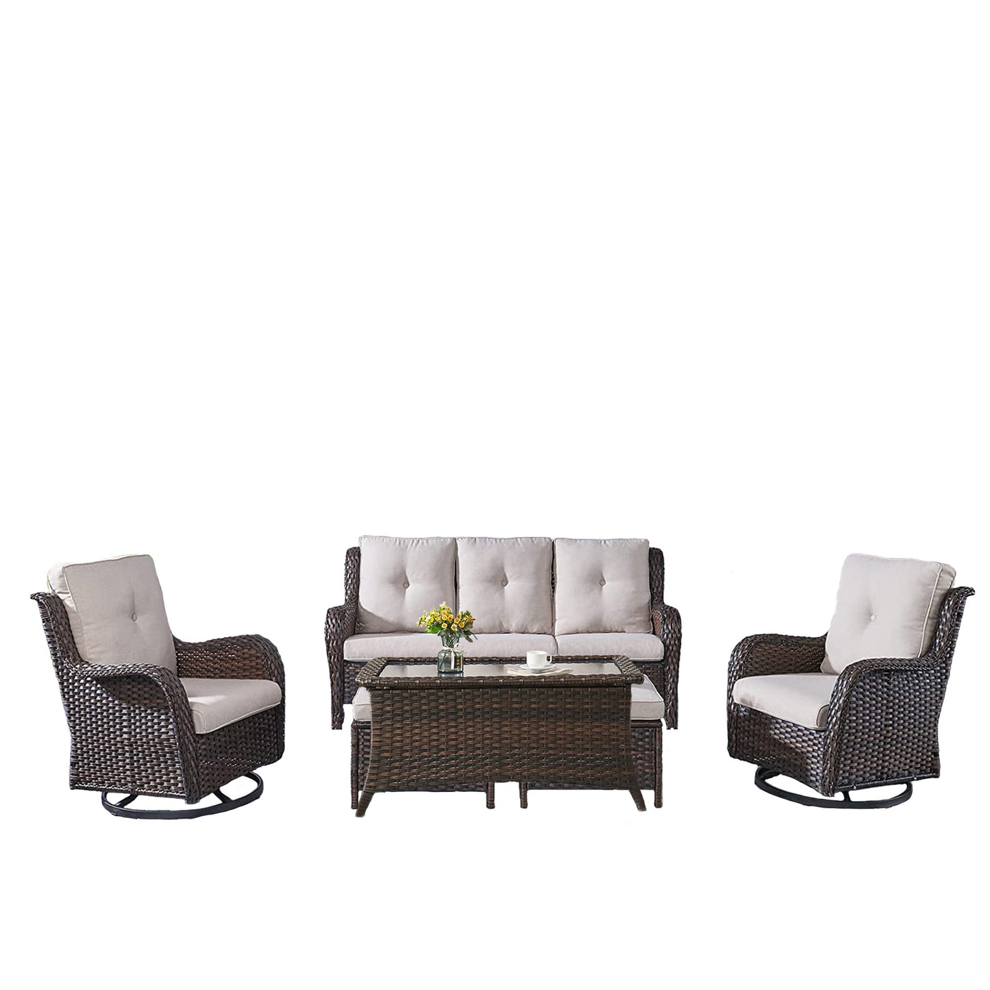 Patio Conversation Set 6-Piece with Sofa, 2-Swivel Glider Chairs, Coffee Table, and 2-Ottoman, NTC Series - B2B Wholesale