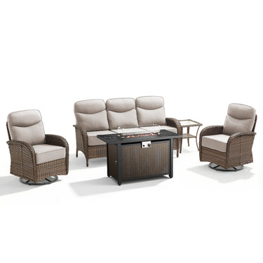 Premium 5-Piece Wicker Patio Set with Rectangular Metal Fire Pit Table – High Back Swivel Seating for Patio & Deck, ND Series - Belord
