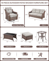 10-Piece Luxury Outdoor Conversation Set - 4 High Back Swivel Rocker Chairs + 3-Seater Sofa with Wicker Ottoman & Coffee Table, Ovolo Series - Belord