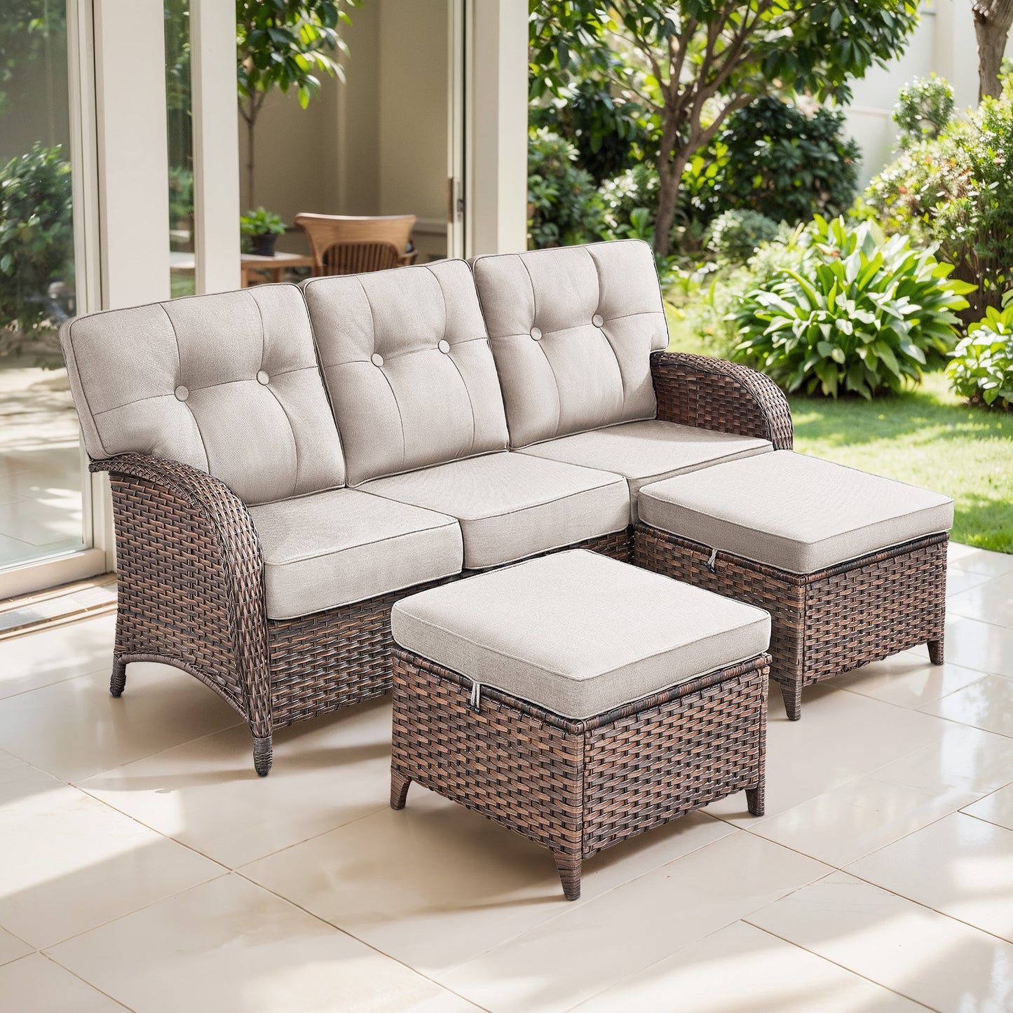 T Series 3-Piece Patio Set: 1 T-Back Sofa + 2 Ottomans – All-Weather PE Wicker with 5" Thick Cushions