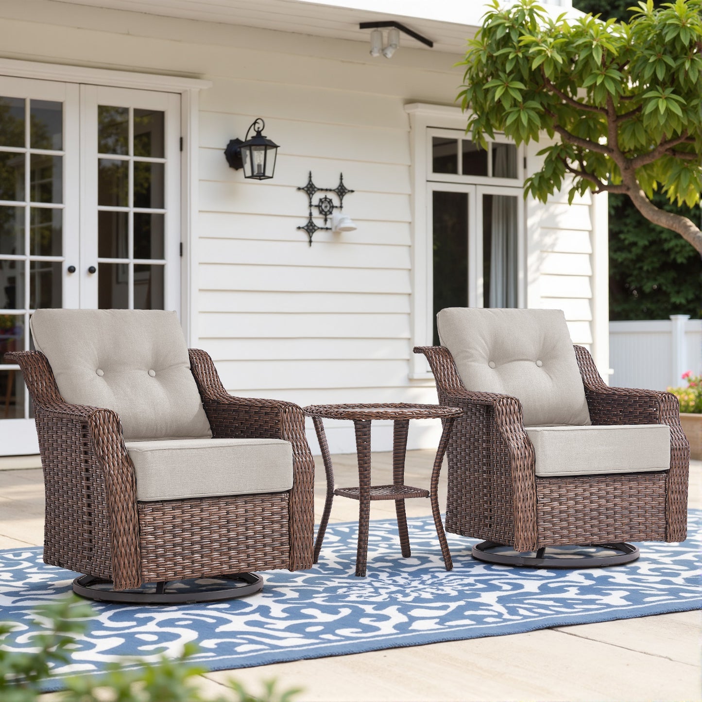 Luxury 3-Pc Outdoor Wicker Swivel Glider Set - 2 High Back Patio Chairs with 6" Thick Cushions & Side Table, Ovolo Series