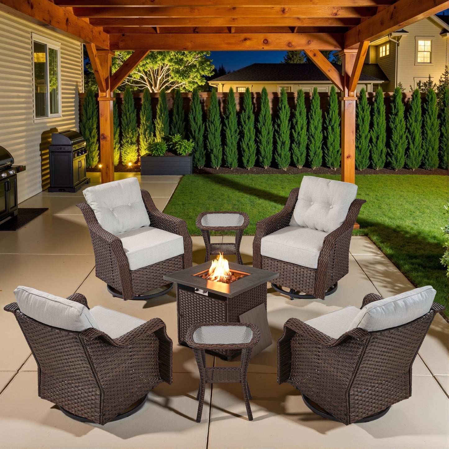 Luxury 7-Piece Outdoor Fire Pit Set - 4 Swivel Glider Chairs with 30" Propane Table & 6" Thick Cushions, Ovolo Series