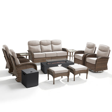 Luxury 10-Piece Patio Lounge Set with Split Fire Pit Table & Ottomans – Ultimate Outdoor Comfort, ND Series - Belord