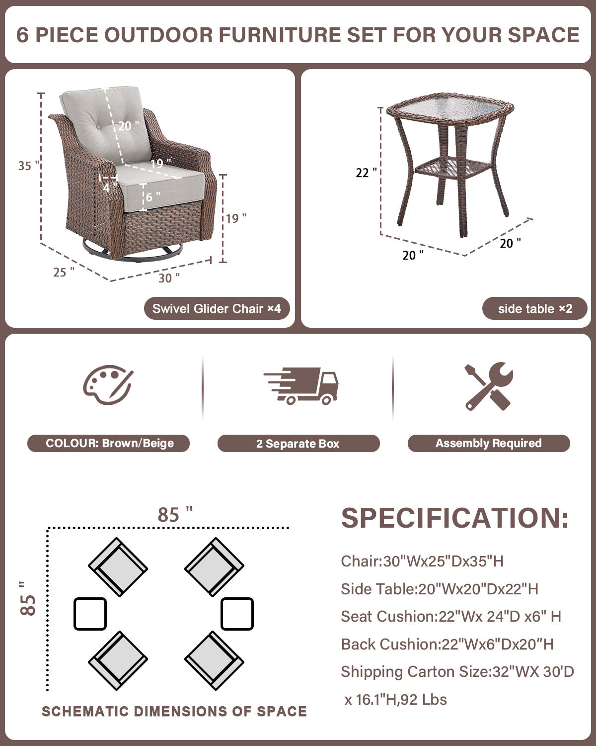 Luxury 6-Pc 6" Thick-Cushion Patio Set - 4 Swivel Glider Chairs & Tempered Glass Side Table, Ovolo Series