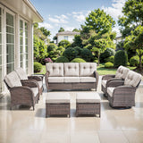 Belord 8-piece outdoor patio sofa set with brown wicker, beige cushions, including sofa, swivel chairs, patio chairs, footstools, and table.