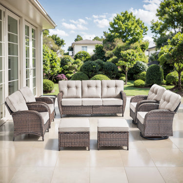 Belord 8-piece outdoor patio sofa set with brown wicker, beige cushions, including sofa, swivel chairs, patio chairs, footstools, and table.