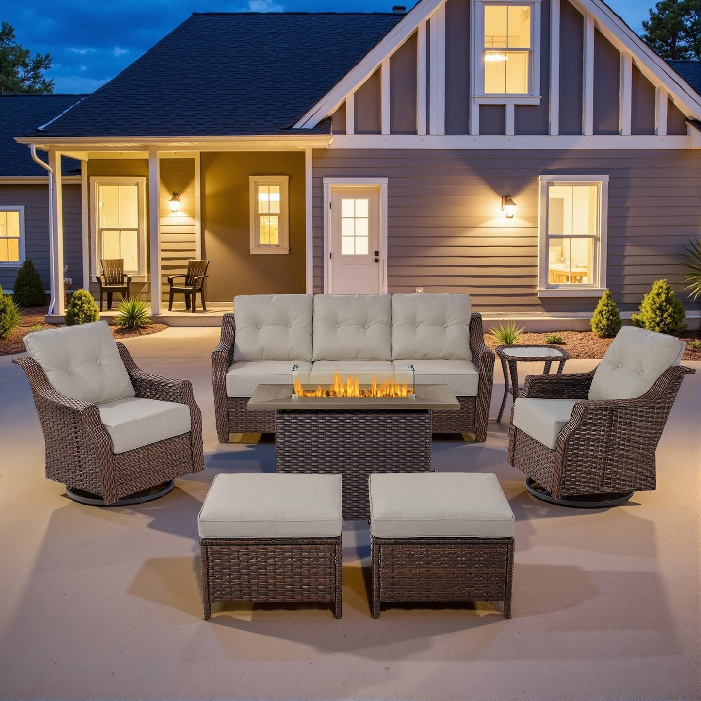 Outdoor Fire Pit Furniture Set - 7pc w/Swivel Glider Chairs & Thick 6" Cushions, Ovolo Series