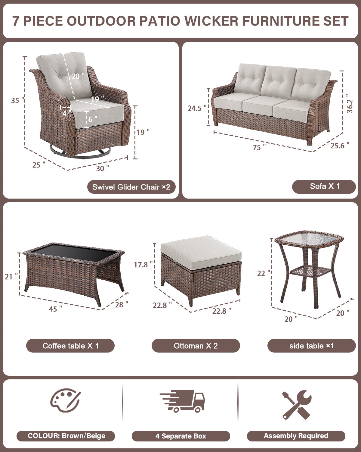 7-Piece Luxury Outdoor Conversation Set - High Back Swivel Glider Chairs with 3-Seat Sofa & Ottoman, Ovolo Series