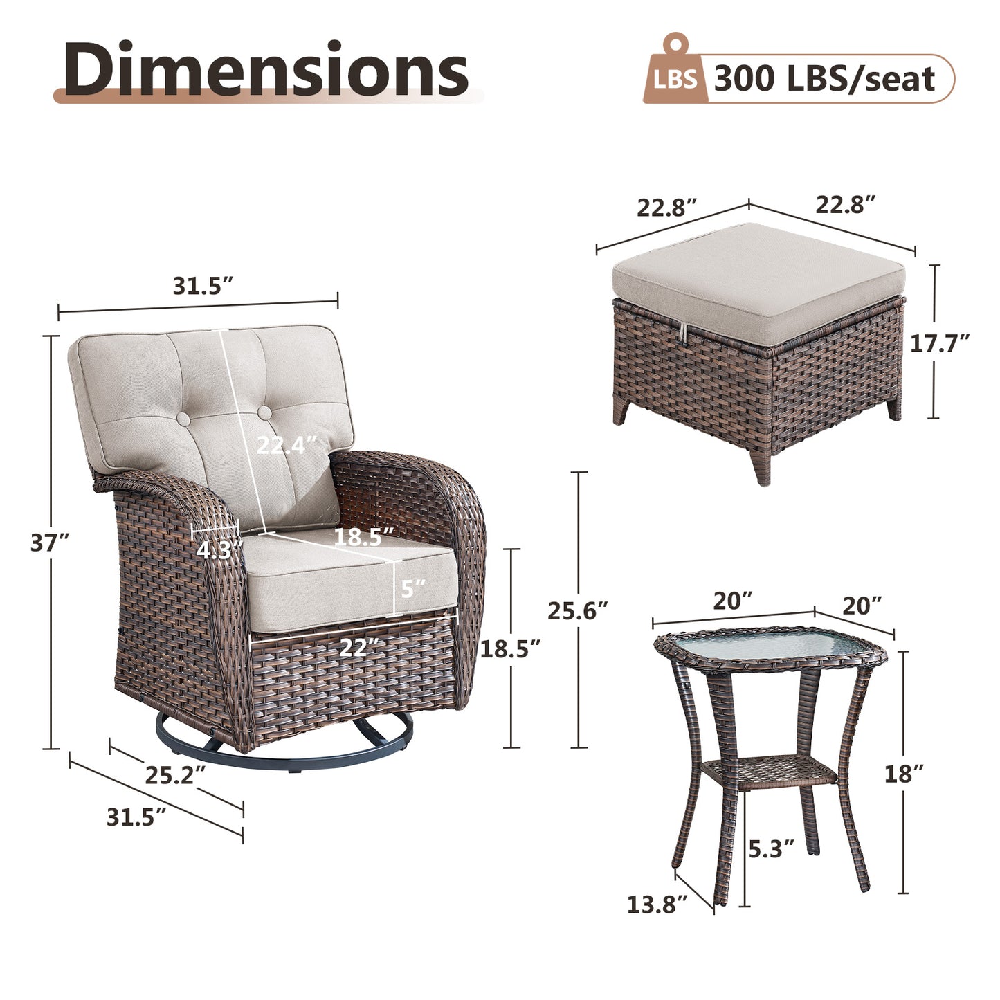5-Piece Outdoor Patio Set: 2 Swivel Rocker Chairs + Side Table + 2 Ottomans – 5" Thick T-Back Cushions, All-Weather PE Wicker, T Series