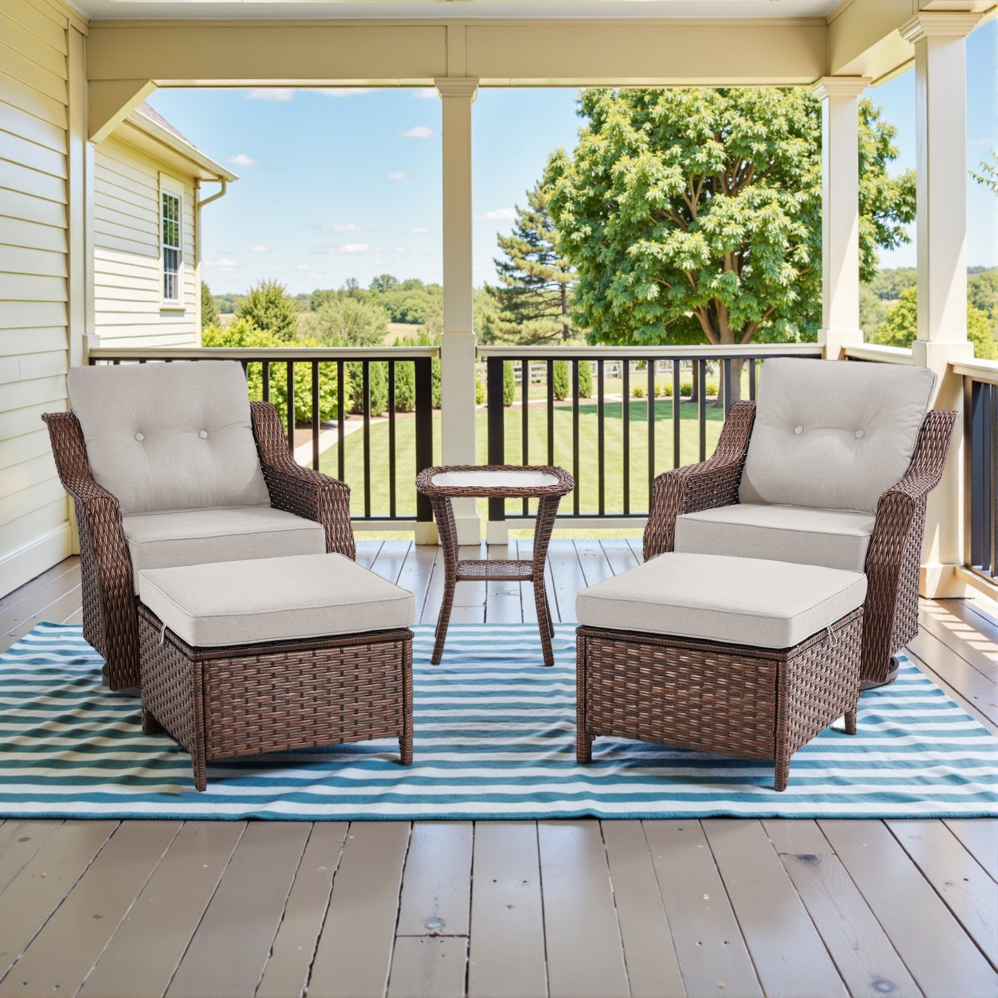 Luxury 5-Pc Rattan Patio Set - 2 Swivel Glider Chairs with Ottoman & Tempered Glass Side Table, 6" Premium Removable Cushions, Ovolo Series