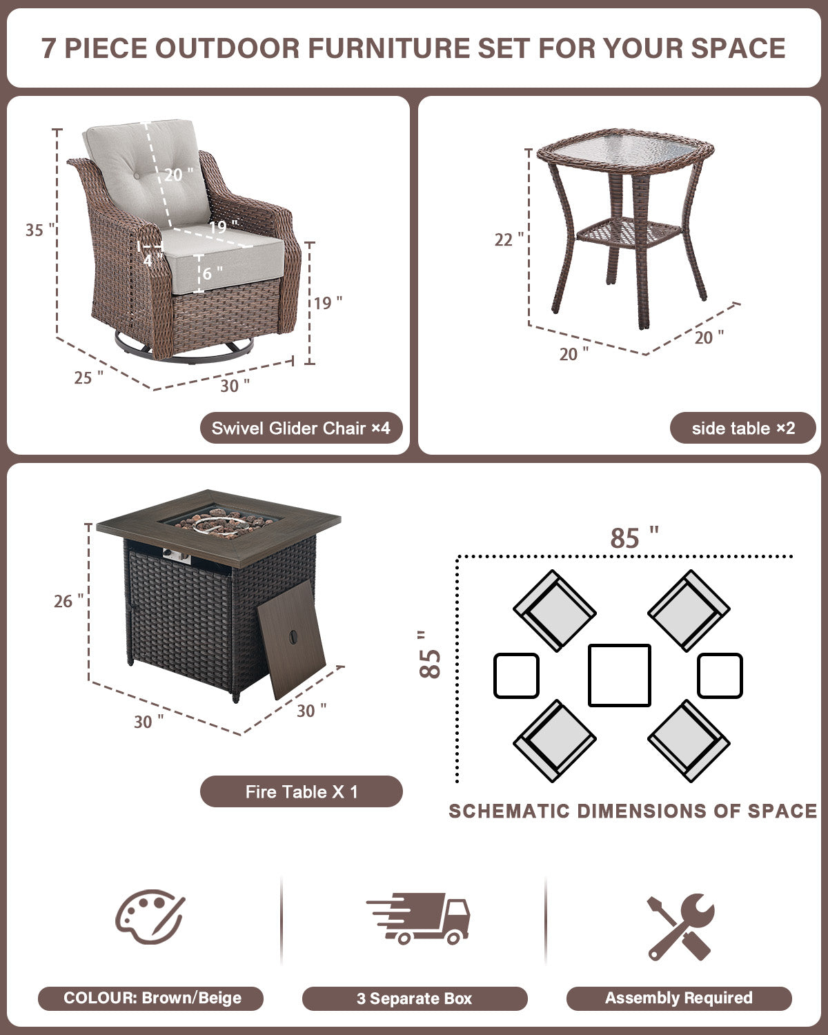 Luxury 7-Piece Outdoor Fire Pit Set - 4 Swivel Glider Chairs with 30" Propane Table & 6" Thick Cushions, Ovolo Series
