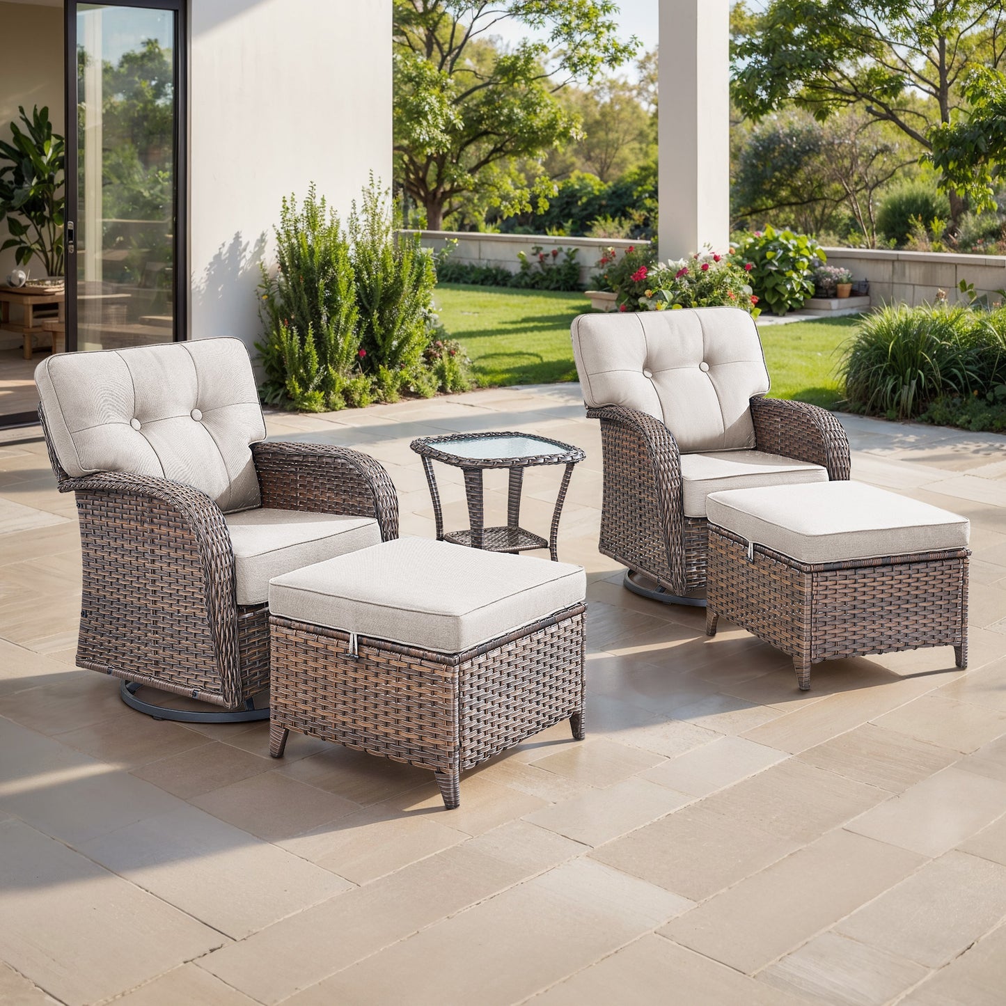 5-Piece Outdoor Patio Set: 2 Swivel Rocker Chairs + Side Table + 2 Ottomans – 5" Thick T-Back Cushions, All-Weather PE Wicker, T Series