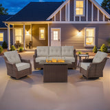 Luxury 5-Piece Outdoor Patio Set with Fire Pit Table - 41" Swivel Glider Chairs & Sofa, All-Weather Wicker with 6" Red Cushions, Ovolo Series - Belord
