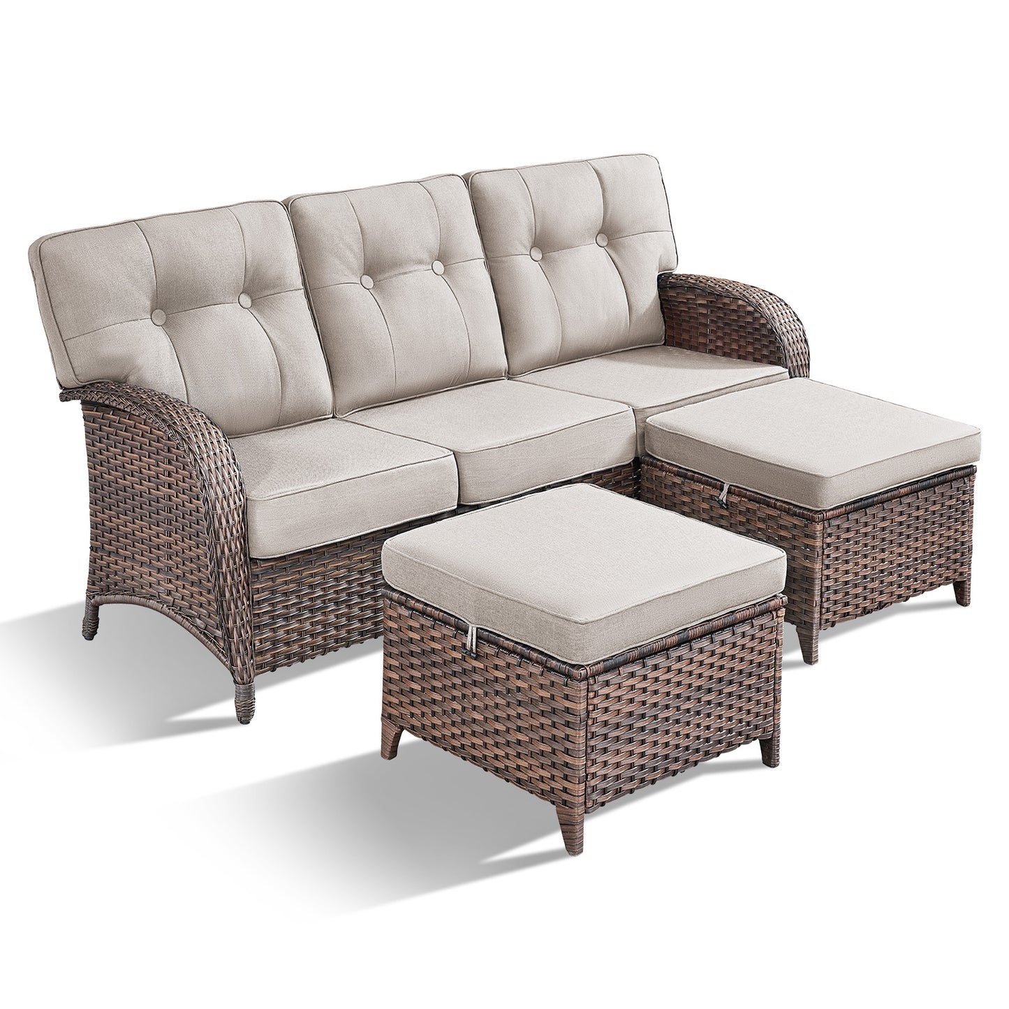 T Series 3-Piece Patio Set: 1 T-Back Sofa + 2 Ottomans – All-Weather PE Wicker with 5" Thick Cushions