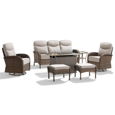 Premium 7-Piece Wicker Patio Set with Rattan Fire Pit Table – High-Back Seating for Garden Relaxation, ND Series - Belord