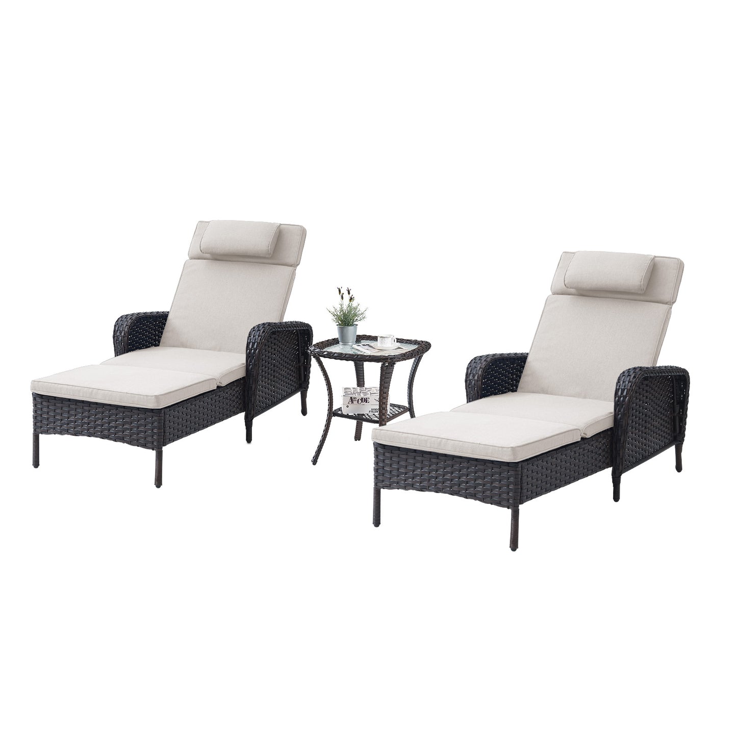 3-Piece Outdoor Wicker Lounge Set – 2 Adjustable 75" Chaise Lounges + Side Table, All-Weather Rattan, NTC Series