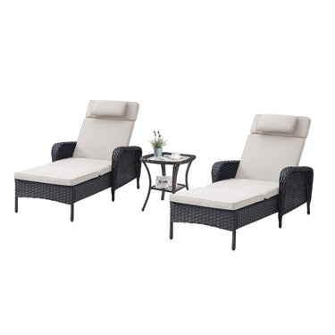 3-Piece Outdoor Wicker Lounge Set – 2 Adjustable 75" Chaise Lounges + Side Table, All-Weather Rattan, NTC Series - Belord