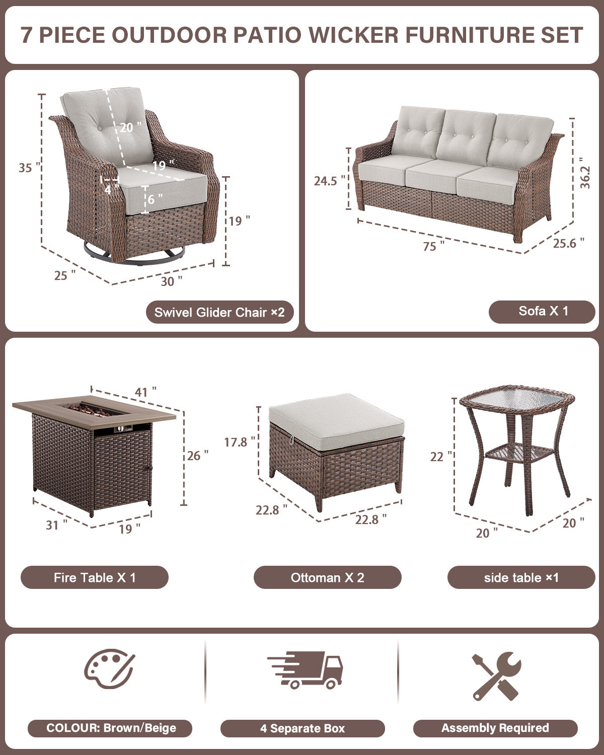 Outdoor Fire Pit Furniture Set - 7pc w/Swivel Glider Chairs & Thick 6" Cushions, Ovolo Series