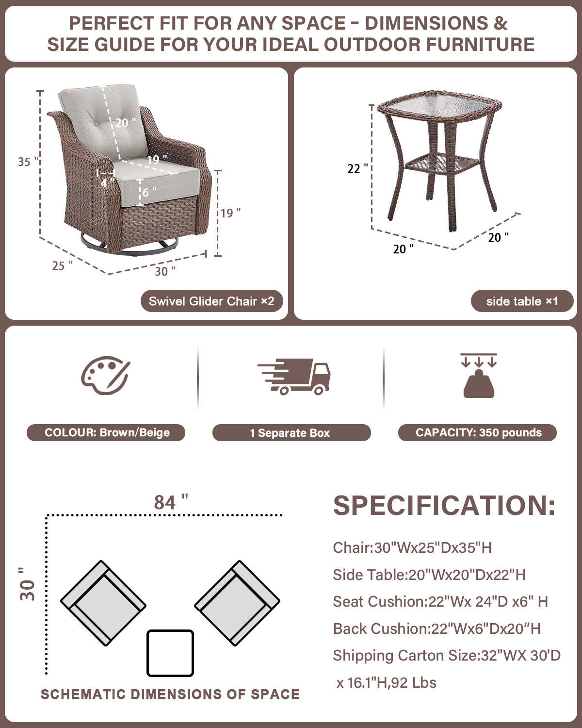 Luxury 3-Pc Outdoor Wicker Swivel Glider Set - 2 High Back Patio Chairs with 6" Thick Cushions & Side Table, Ovolo Series
