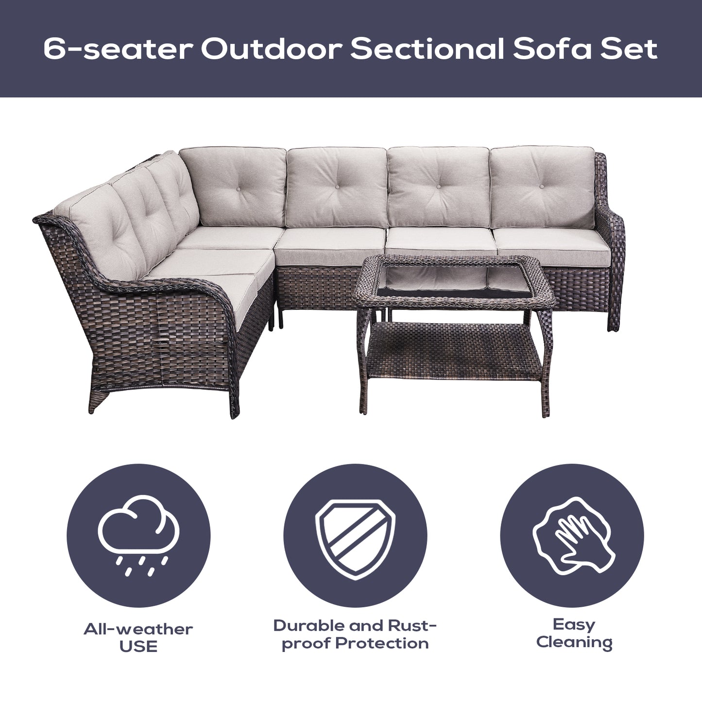 Save 40% - 7-Piece L-Shaped Patio Sectional Sofa Set + Wicker Coffee Table, NTC Series